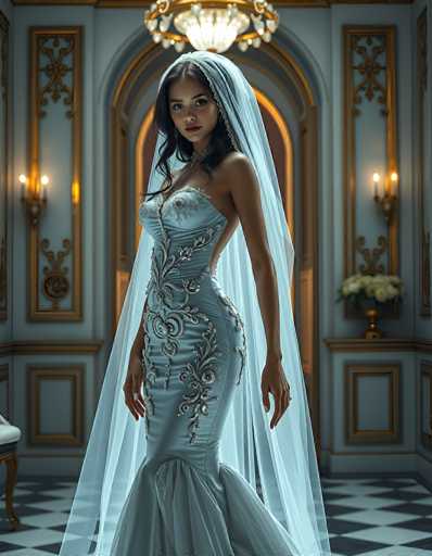 A stunning woman in a pale blue, intricately embellished mermaid gown and matching veil stands gracefully in an opulent, ornate room. The spatial relationship places her centrally, framed by a grand archway and detailed wall decor. The art style is highly detailed and photorealistic, emphasizing elegant lighting and a luxurious atmosphere.