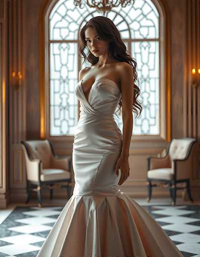 A stunning woman in a flowing, strapless white gown stands gracefully in an opulent room. The focus is on her elegant pose and the dramatic, textured fabric of the dress. A large window with intricate detailing provides soft light, highlighting the luxurious setting and her poised presence. The art style is a blend of fashion photography and digital painting, emphasizing sophistication and glamour.
