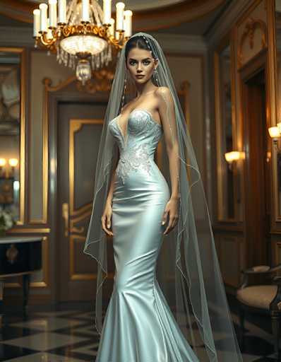 A stunning bride in a flowing, light blue mermaid gown and sheer veil stands elegantly in an opulent, ornate room. The focus is on the bride's figure and the intricate details of her dress, set against a backdrop of gilded mirrors and luxurious lighting. The art style is highly detailed and realistic, emphasizing elegance and sophistication.