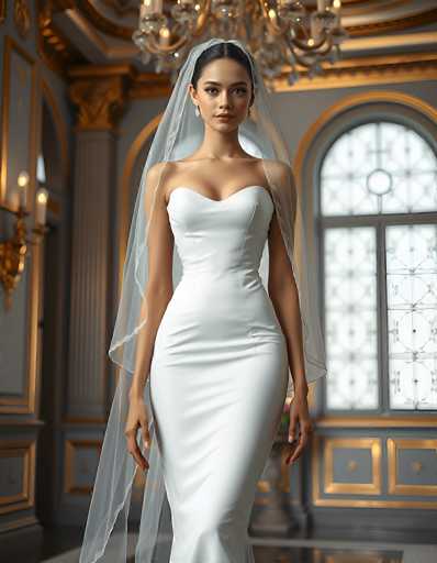 A stunning bride in a sleek, white, form-fitting gown and sheer veil stands gracefully in an opulent, ornate room. The focus is on the bride's elegant posture and the luxurious details of her attire, set against a backdrop of gilded architectural elements. The art style is a blend of fashion photography and classical portraiture, emphasizing sophistication and timeless beauty.