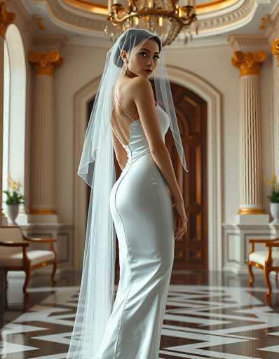 A stunning bride in a sleek white gown and sheer veil stands in an opulent, classically styled hallway. The focus is on her elegant silhouette as she looks back over her shoulder, bathed in soft light. The spatial relationship emphasizes the grandeur of the setting with ornate columns and a patterned floor, creating a romantic, high-fashion bridal portrait.