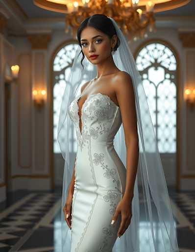 A stunning bride in a form-fitting, intricately embellished white gown stands gracefully in an opulent room. A sheer veil drapes elegantly behind her, framing a detailed, ornate chandelier above. The spatial relationship is intimate, with the bride as the central focus against a softly blurred background of grand architecture. The art style is photorealistic, emphasizing soft lighting and detailed textures.