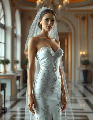 A stunning portrait of a woman in an elegant white wedding gown, standing in a grand, ornate hallway. The dress is strapless with intricate silver embroidery and a subtle slit on the side. She wears a sheer white veil that drapes gracefully around her shoulders and extends to the floor. Her hair is styled in a sophisticated updo, adorned with delicate earrings. She looks directly at the viewer with a serene and slightly enigmatic expression. The hallway is filled with soft, warm light emanating from ornate chandeliers and wall sconces. The background features marble flooring, arched windows with intricate details, and a glimpse of other rooms in the distance. The overall atmosphere is one of timeless elegance and quiet sophistication, emphasizing the woman's grace and poise.