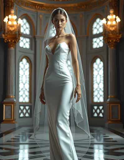 A stunning, full-body portrait of a woman in an elegant white wedding gown and veil. The dress is a sleek, form-fitting design with a deep V-neckline, made of a shimmering, satin-like fabric. She stands in the center of a grand, ornate hall with marble floors and arched windows. The lighting is soft and dramatic, highlighting her features and the intricate details of the dress. Her expression is serene and confident, with a slight smile playing on her lips. The background features golden architectural details, including columns and ornate lighting fixtures, creating a luxurious and ethereal atmosphere. The overall style is photorealistic, with a focus on capturing the texture of the fabric and the subtle details of the scene.