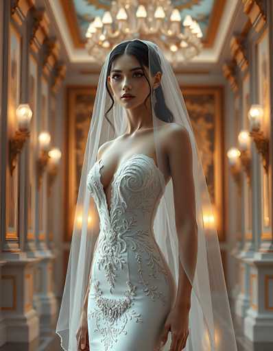 A stunning bride in an ornate, intricately detailed white gown and veil stands in a grand, warmly lit hallway. The focus is on her elegant posture and the luxurious details of her dress, with a soft, ethereal glow enhancing the opulent setting. The art style is photorealistic, emphasizing depth and texture.