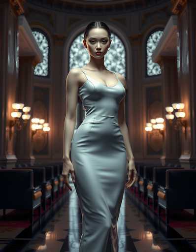 A woman in a sleek, pale grey gown stands in the center of a grand hall. The hall is bathed in warm, golden light emanating from ornate wall sconces and large stained-glass windows. The woman is positioned in the center of a long, symmetrical hallway with rows of dark chairs on either side. Her posture is poised and elegant, her gaze directed slightly upward. The background features a blurred view of the hall's architecture, emphasizing the depth and grandeur of the space. The overall mood is one of sophistication, elegance, and a touch of mystery.
