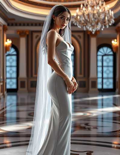 A stunning woman in a sleek, white gown and veil stands gracefully in an opulent ballroom. The focus is on her elegant posture and the luxurious, mirrored floor reflecting the grand chandelier and ornate architectural details. The art style is photorealistic, emphasizing soft lighting and a sense of timeless elegance.