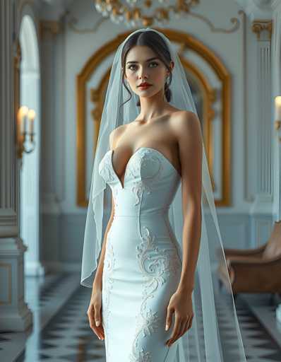 A woman is standing in front of a large window with white curtains and gold accents. She is wearing a white strapless gown with a train that flows down the back and a veil on her head. The room has high ceilings and ornate decorations, creating an elegant atmosphere.
