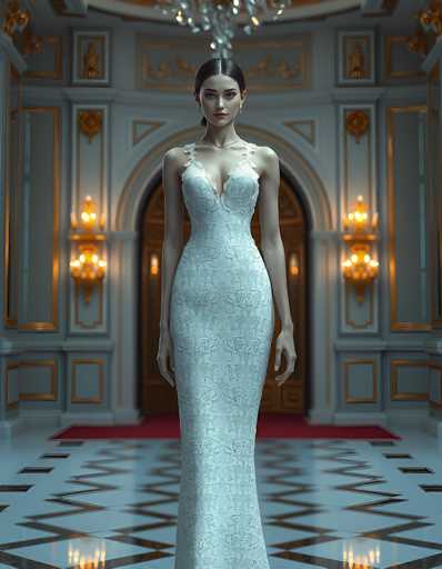 A stunning, full-body portrait of a woman in an elegant, floor-length white lace gown. The dress features a deep V-neck and intricate floral patterns throughout, with delicate lace detailing on the shoulders. She stands in a grand, ornate room with golden architectural details and warm lighting. Her hair is styled up, and she wears subtle jewelry. The background features a red carpet leading towards an arched doorway with golden accents, and the overall lighting is soft and dramatic. The focus is sharp on the woman, highlighting her poised posture and the luxurious details of her gown.
