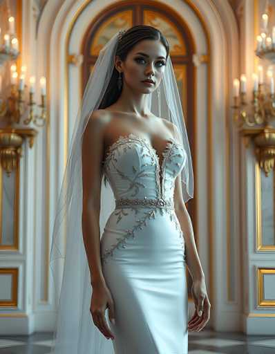 A stunning, photorealistic portrait of a woman in an elegant white wedding gown. She is standing in a grand, ornate room with golden architectural details and soft lighting. The woman has long, dark hair styled with a delicate headpiece, and her expression is serene yet captivating. The gown features intricate silver embellishments on the bodice and a flowing, sheer veil. She is looking directly at the viewer with a gentle gaze. The overall atmosphere is one of timeless elegance and romance, emphasizing the beauty and grace of the bride in her wedding attire.