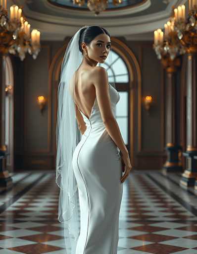 A stunning portrait of a woman in a white wedding dress, standing in an ornate hallway. The image is highly detailed and has a soft, elegant lighting. She's wearing a long-sleeved white gown with a deep V-neck and a sheer veil, her hair is styled in an elegant updo. She's looking back over her shoulder with a serene expression, and the background is blurred to emphasize her. The hallway features marble flooring in a black and white pattern, ornate gold chandeliers, and detailed wall panels. The overall mood is one of sophistication and timeless beauty.