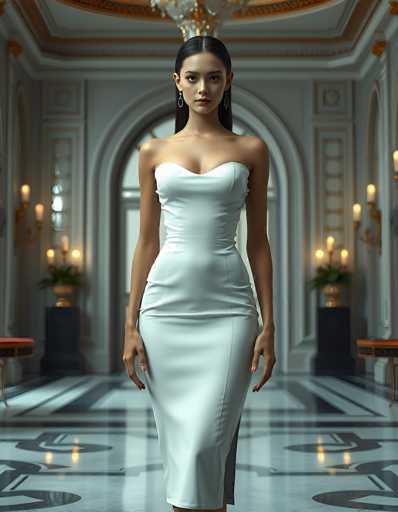 A woman in a sleek, white strapless gown stands centrally in an opulent, dimly lit hallway. The spatial relationship is symmetrical, with ornate architectural details and elegant sconces framing the scene. The art style leans towards a photorealistic, slightly ethereal aesthetic with soft lighting and a focus on the woman's form.