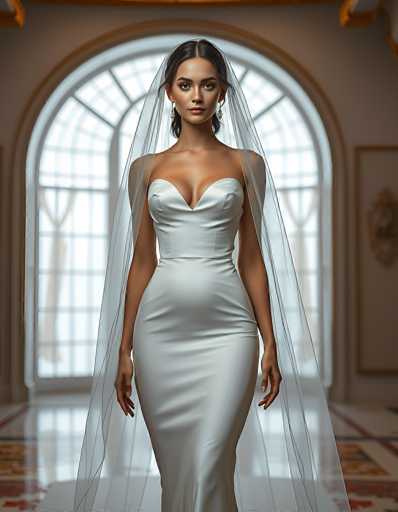A stunning bride in a sleek, white, form-fitting gown and long veil stands centrally in a grand, ornate room. The spatial relationship is one of elegance and focus, with the bride as the primary subject against a softly blurred background. The art style is photorealistic, emphasizing soft lighting and detailed textures to create a serene and romantic atmosphere.