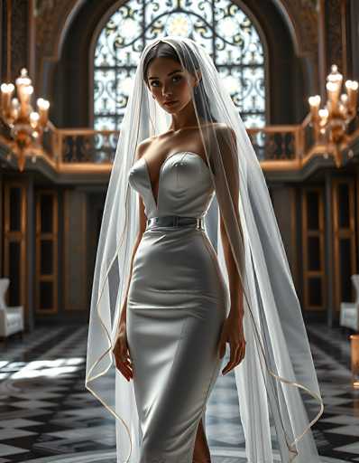 A stunning bride in a sleek, white gown and flowing veil stands centrally in an opulent, dimly lit hall. The spatial relationship places her as the focal point, with a grand, ornate window behind her and elegant chandeliers framing the scene. The art style is photorealistic, emphasizing soft lighting and a sense of ethereal elegance.