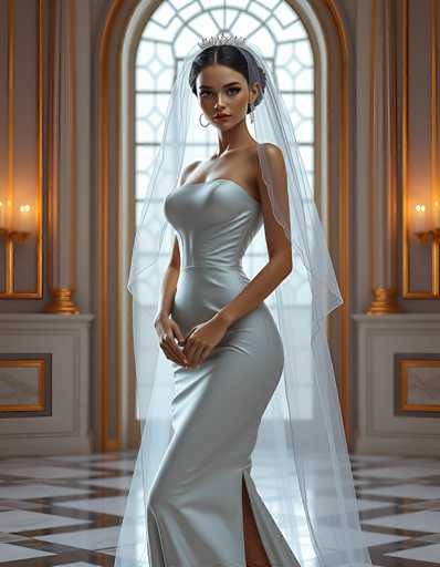 A stunning digital painting of a beautiful bride in an elegant, light grey satin gown. The dress is strapless and fitted, emphasizing her figure with a mermaid silhouette that flares at the knee. She wears a sheer, flowing veil that drapes gracefully around her shoulders and cascades to the floor. Her hair is styled in soft waves, adorned with a delicate tiara. She's wearing large, ornate hoop earrings and her makeup is subtle yet glamorous. The bride stands in a grand, opulent room with marble flooring and ornate gold-framed windows. Soft, warm light emanates from the window, casting a gentle glow on her and the surrounding environment. The overall mood is one of elegance, sophistication, and ethereal beauty.
