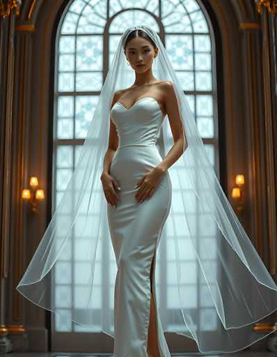 A stunning bride in a form-fitting, strapless white gown and flowing veil stands gracefully in an ornate room with large arched windows. The focus is on the bride's elegant pose and the soft, ethereal quality of the fabric, bathed in warm light. The art style is a blend of fashion photography and romantic portraiture.
