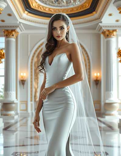 A woman is standing in front of a grand room with white walls and gold accents. She is wearing a long white dress that falls down to her knees, and a veil on her head. The room features columns and arches, creating an elegant atmosphere.