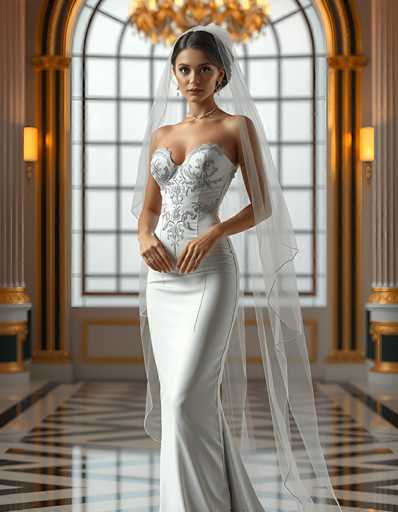 A stunning bride in a form-fitting, intricately embellished white gown and veil stands elegantly in a grand, ornate room. The spatial relationship places her centrally, bathed in soft light, with a blurred background emphasizing the opulent setting. The art style is photorealistic, showcasing meticulous detail and a focus on elegant composition.