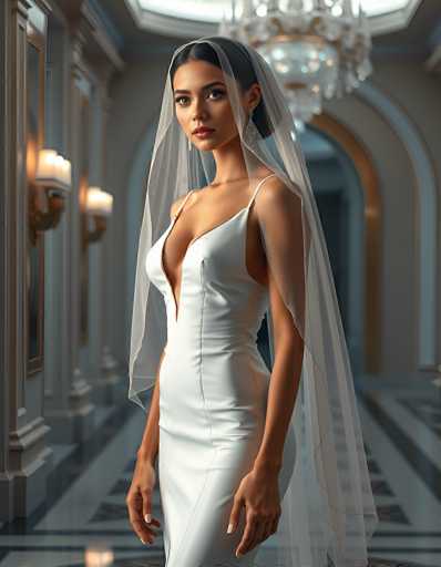 A stunning bride in a sleek white gown and sheer veil stands elegantly in a grand, ornate hallway. The focus is on her poised figure, with the soft lighting highlighting the luxurious details of her dress and the opulent architectural backdrop. The art style is a blend of photorealism with a touch of digital artistry, emphasizing a sophisticated and ethereal atmosphere.
