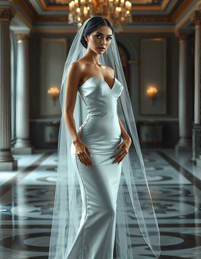 A stunning bride in a sleek, form-fitting white gown and flowing veil stands gracefully in an opulent, ornate hall. The spatial relationship places her as the central focus, framed by grand columns and a patterned floor, bathed in soft lighting. The art style is photorealistic, emphasizing elegant detail and a serene atmosphere.