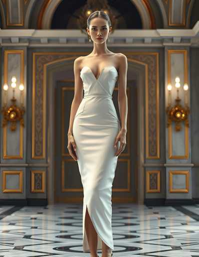A woman is standing in front of a grand room with gold accents and marble walls. She is wearing a white strapless dress with a deep V-neckline and split skirt that falls to her knees. The room has a high ceiling and large windows on the right side, allowing natural light to flood into the space.