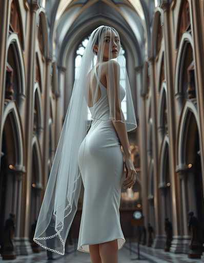 A woman is standing in front of a large archway with a white veil covering her face and a white dress on the floor next to her.