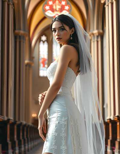 A young woman in a beautiful white wedding dress stands in a grand, ornate church. She is positioned in profile, looking over her left shoulder towards the viewer with a soft, slightly pensive expression. Her dark hair is styled in loose waves and cascades down her shoulders, partially covered by a flowing white veil. The dress is intricately detailed with lace and subtle embellishments, and the fabric has a slight sheen. 

The church interior is bathed in warm, golden light filtering through stained-glass windows in the background. The architecture features tall, slender columns and arches, creating a sense of depth and grandeur. The background is softly blurred, drawing focus on the woman in the foreground. Her hands are gently resting on her waist, and she exudes a serene and elegant aura. The overall mood is romantic and ethereal, capturing the beauty of a wedding portrait in a historic setting.