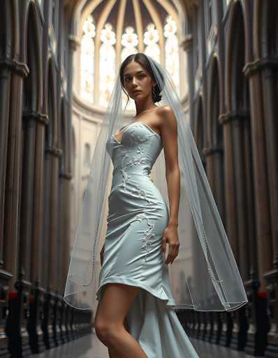 A woman in a light blue, form-fitting wedding dress and sheer veil stands in a grand, dimly lit cathedral. The spatial relationship places her as the central focus within the long, receding arches of the space, creating a sense of depth and ethereal beauty. The art style is a blend of fashion photography and architectural portraiture, emphasizing elegance and a touch of mystery.