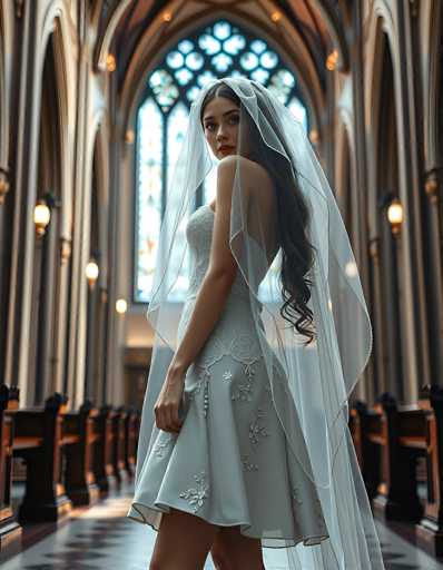 A young woman in a beautiful, light-colored wedding dress and veil stands in the aisle of an ornate church. She is looking over her shoulder at the viewer, with a soft and slightly melancholic expression. The dress features delicate lace detailing on the bodice and skirt, with a flowing tulle veil draped around her. The church interior is dimly lit, with warm light emanating from the stained-glass windows in the background. The focus is on the woman, with the background slightly blurred to emphasize her presence.