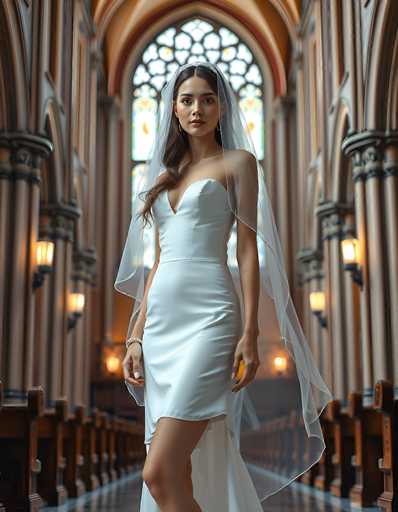 A radiant bride in a sleek white gown and sheer veil stands centrally in a grand, dimly lit cathedral. The spatial relationship places her as the focal point, framed by rows of wooden pews and ornate stained-glass windows. The art style is a romantic, slightly ethereal portrait emphasizing the bride's elegant presence within the historic setting.