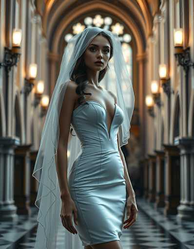 A stunning bride in a form-fitting, pale blue gown and sheer veil stands in a grand, ornate hallway. The spatial relationship places her as the central focus, framed by the blurred background of architectural details and warm lighting. The art style is a blend of realistic portraiture with a slightly ethereal, dreamlike quality.