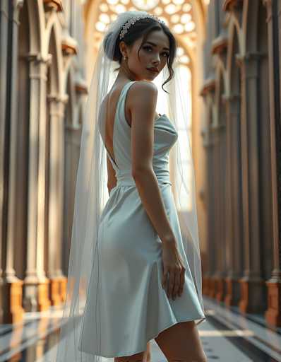 A young woman in a light blue satin wedding dress and a sheer veil stands in a grand, ornate cathedral. She is positioned in profile, looking over her shoulder towards the viewer with a soft smile. The dress has a low back and a subtle, flowing skirt. She wears a delicate tiara on her head and small earrings. The cathedral's architecture features tall, slender columns and arched windows, with warm, golden light streaming in from behind. The background is softly blurred, drawing focus on the woman and her elegant attire. The overall mood is romantic and ethereal.