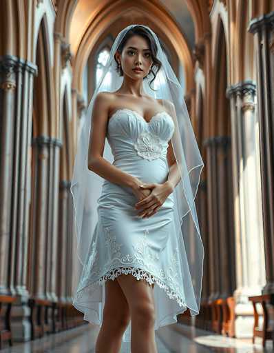 A stunning bride in a light blue, intricately detailed gown and veil stands centrally in a grand, ornate cathedral. The spatial relationship places her as the focal point within the vast, softly lit space of arched columns and distant pews. The art style is a blend of realistic portraiture with a slightly ethereal, romantic feel, emphasizing the bride's elegant presence.