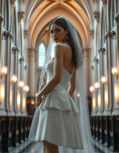 A stunning portrait of a woman in a white wedding dress, standing in a grand, dimly lit cathedral. She is facing away from the camera, her body angled slightly to the left, with her hands gently resting on the skirt of her dress. A sheer white veil drapes around her, cascading down her back and partially covering her hair. Her dark hair is styled with soft waves, and she wears delicate earrings. She has a serious yet serene expression on her face, looking over her shoulder towards the viewer with a captivating gaze. The background is blurred, emphasizing the woman as the focal point, and the warm lighting of the cathedral's architecture creates a romantic and ethereal atmosphere. The overall color palette is muted, with soft tones of white, beige, and gold dominating the scene.