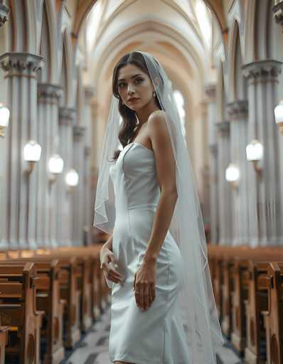 A stunning bride in a sleek white gown and veil stands in a grand, ornate church. The image focuses on her elegant posture, with the soft light highlighting the architectural details of the space – tall columns and arched ceilings. The art style is a beautiful blend of fashion photography and architectural portraiture, emphasizing the bride's grace within the historical setting.