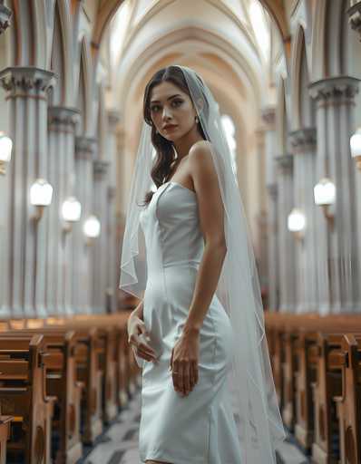A woman is standing in front of a church with her back turned towards the camera. She is wearing a white dress and veil that falls over her shoulders. The church has tall columns on either side of an aisle, creating a sense of grandeur and solemnity.