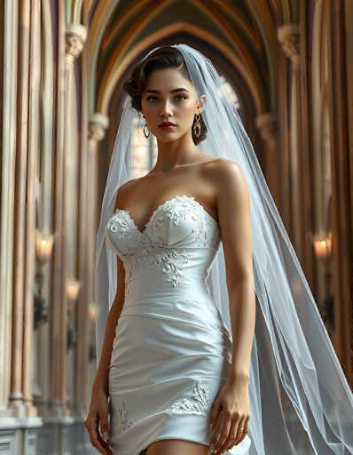 A stunning bride in a white, strapless gown and sheer veil stands gracefully in an ornate, arched hallway. The focus is on her elegant pose and the detailed texture of her dress, with a soft, romantic lighting. The art style is photorealistic, emphasizing depth and intricate details within the architectural setting.