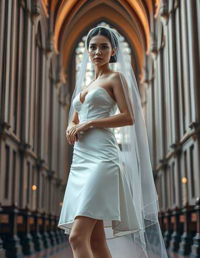 A woman is standing in front of a large window with arched columns and stained glass panels, wearing a white dress and veil.