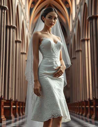 A stunning, photorealistic image of a bride in a beautiful white wedding dress and veil standing in the interior of a grand, ornate cathedral. The bride is positioned centrally, facing slightly towards the viewer with a serene yet elegant expression. Her dress features intricate lace detailing and a fitted silhouette, while the veil drapes gracefully around her. The cathedral's architecture is visible in the background, with tall, slender columns and arched ceilings creating a sense of depth and grandeur. The lighting is soft and diffused, highlighting the bride's features and the details of her attire while casting subtle shadows within the space. The overall mood is one of timeless elegance, romance, and reverence.