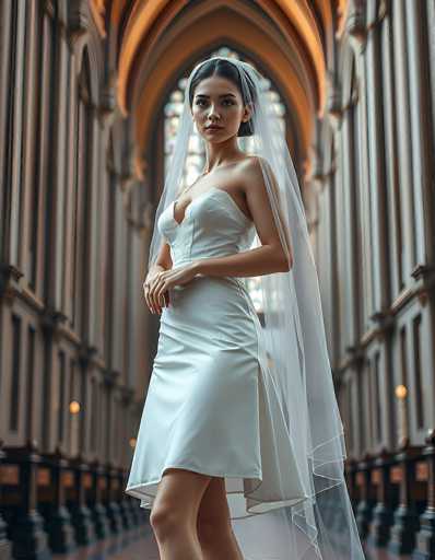 A stunning bride in a white satin dress and veil stands confidently in a grand, dimly lit cathedral. The spatial relationship places her as the central focus, framed by the receding arches and columns of the ornate interior. The art style is a romantic portrait with soft lighting, emphasizing elegance and a sense of serene beauty.