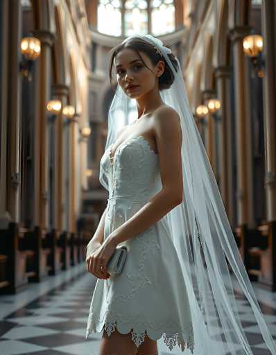 A young woman in a delicate, light-colored wedding dress and veil stands in a grand, ornate hallway. The spatial relationship places her as the central focus, framed by the receding architectural details and warm lighting. The art style is a blend of romanticism and vintage, emphasizing soft textures and dramatic depth.