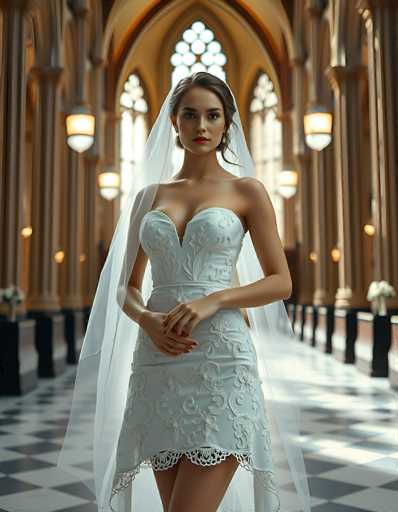 A stunning bride in an elegant, intricately detailed white wedding gown and veil stands centrally in a grand, ornate cathedral. The spatial relationship places her as the focal point, framed by the blurred background of towering columns and arched windows. The art style is a blend of realistic portraiture with a soft, dreamy quality, emphasizing the bride's serene presence.