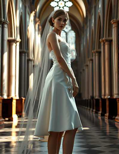 A bride in a classic white wedding dress stands gracefully in a grand, dimly lit cathedral. She wears a sheer veil and delicate jewelry, her gaze directed towards the viewer. The spatial relationship highlights the vastness of the cathedral with its towering columns and arched windows, creating a serene yet intimate atmosphere. The art style is photorealistic, emphasizing soft lighting and detailed textures.