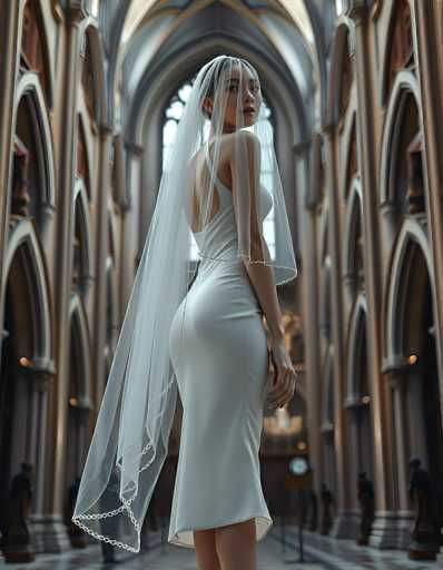 A woman in a sleek, white gown and sheer veil stands in a grand, dimly lit cathedral. The spatial relationship emphasizes depth with receding arches and statues, creating a sense of vastness. The art style is photorealistic, focusing on soft lighting and detailed textures to evoke a serene, almost ethereal atmosphere.