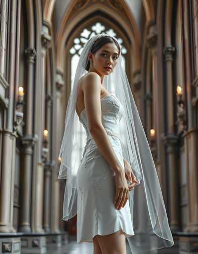 A woman is standing in front of a large window with white curtains and a gold frame. She is wearing a white dress with a veil on her head and holding a small purse in her hand. The background features stone columns and arches that give the space an old-world charm, suggesting it could be a church or a historic building.