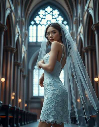 A woman is standing in front of a large window with arched openings and wearing a white lace dress that falls just below her knees. She has a veil on her head and is looking directly at the camera.