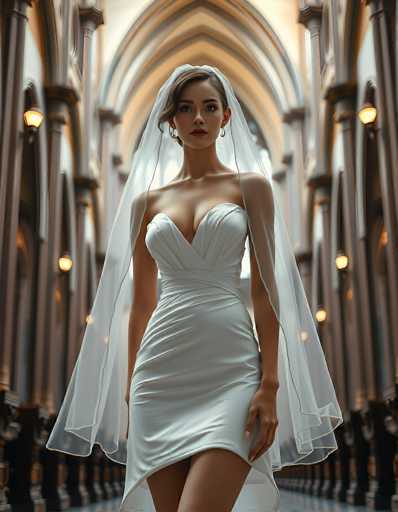 A stunning bride in a sleek white gown and flowing veil stands centrally in a grand, dimly lit cathedral. The spatial relationship places her as the focal point within an archway of ornate columns, creating a sense of depth and reverence. The art style is photorealistic with a soft, slightly muted color palette, emphasizing the bride's elegant presence.