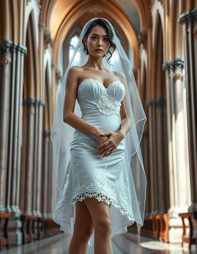 A woman is standing in front of a large archway with her hands on her hips and looking directly at the camera. She is wearing a white dress with lace detailing and a veil that falls over her shoulders. The background features stone columns and arches, suggesting an old or historic setting.