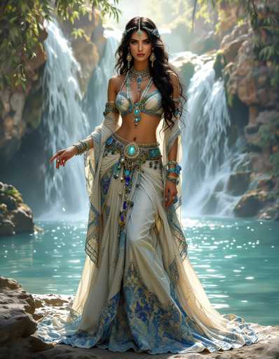 A woman is standing on rocks next to a waterfall wearing a blue and white dress with gold accents and a headpiece adorned with jewels.