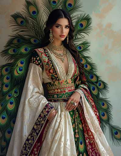 A woman is standing against a wall with her back facing the camera. She is wearing a traditional Indian dress that is white and green with gold accents. The dress features a deep V-neckline and a skirt adorned with peacock feathers. The woman has long dark hair and is wearing earrings.